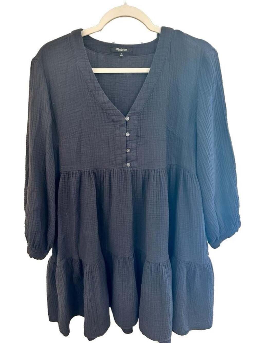 Madewell Size 6 Black Gauze Tiered Button-Front Mini Dress